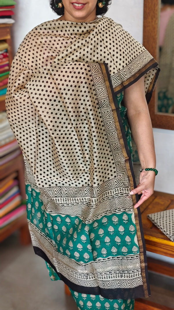 Green and Beige Block Printed Chanderi Silk Suit - MC059
