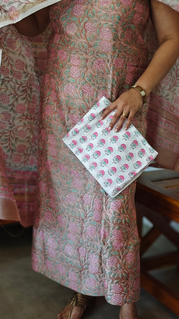 Nude Pink Block Printed Chanderi Silk Suit - MC059