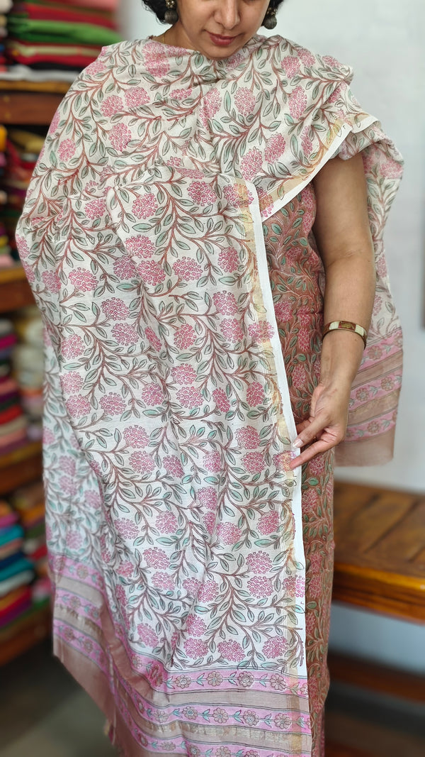 Nude Pink Block Printed Chanderi Silk Suit - MC059