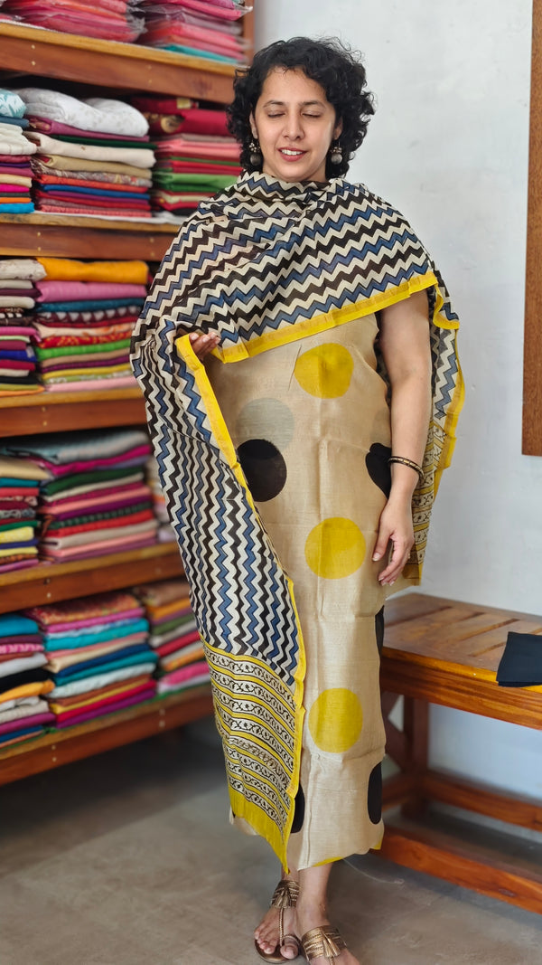 Beige, Mustard and Black Block Printed Chanderi Silk Suit - MC059