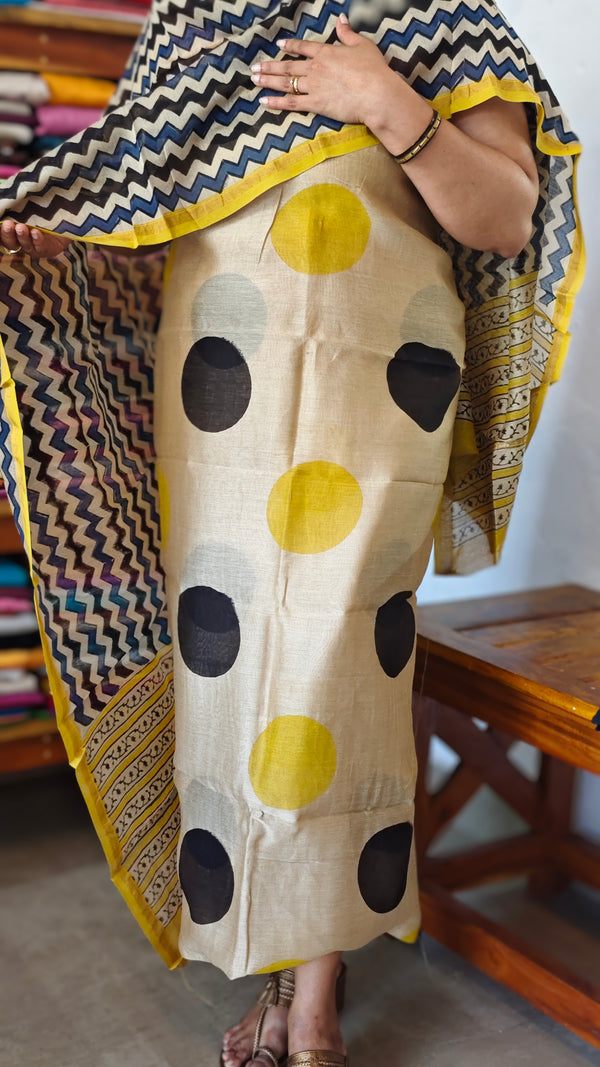 Beige, Mustard and Black Block Printed Chanderi Silk Suit - MC059