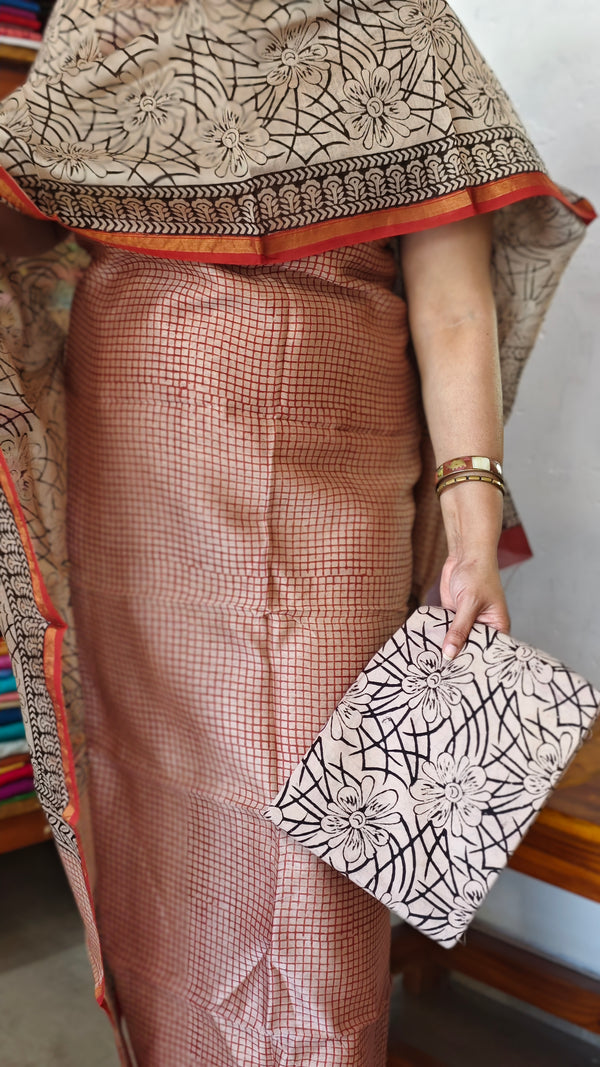 Beige and Brick Red Checked Chanderi Silk Suit - MC059