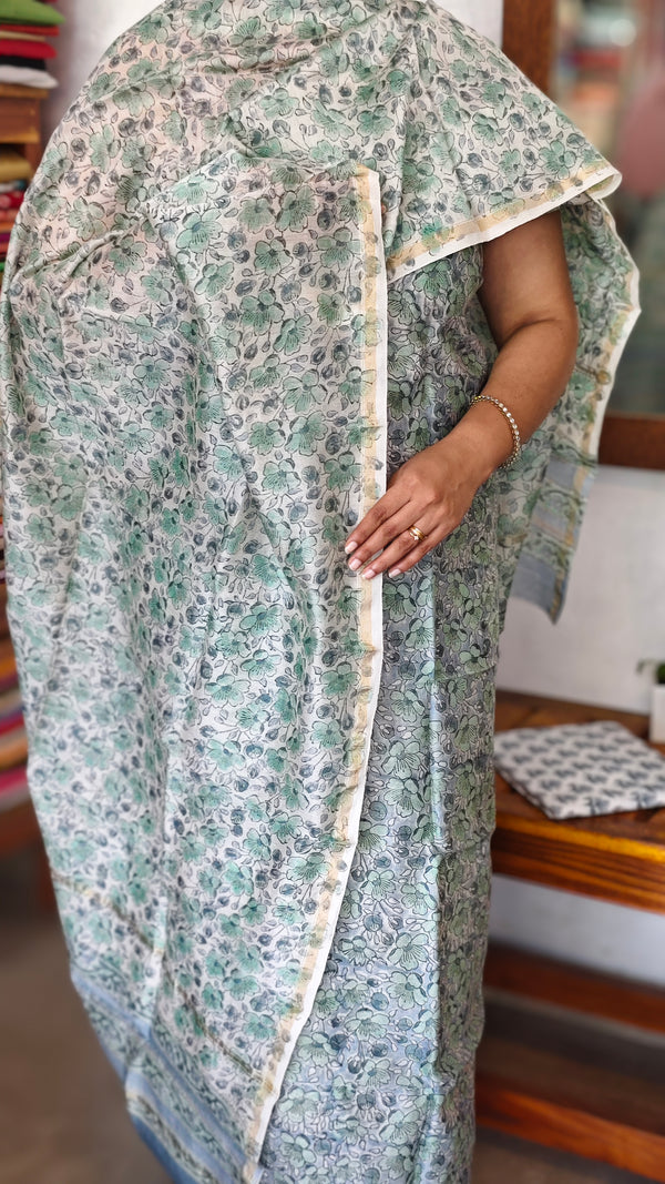 Teal Blue Floral Printed Chanderi Silk Suit - MC059