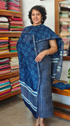 Indigo Stripes Block Printed Chanderi Silk Suit - MC059