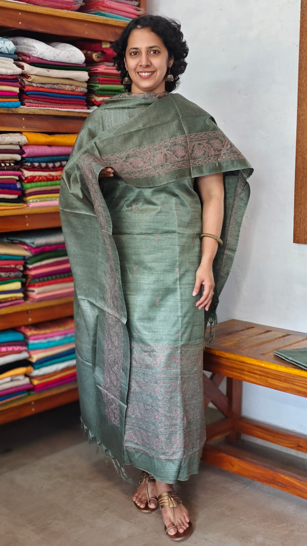 Fern Green Semi Tussar Suit with Copper Thread Embroidery - TTV4