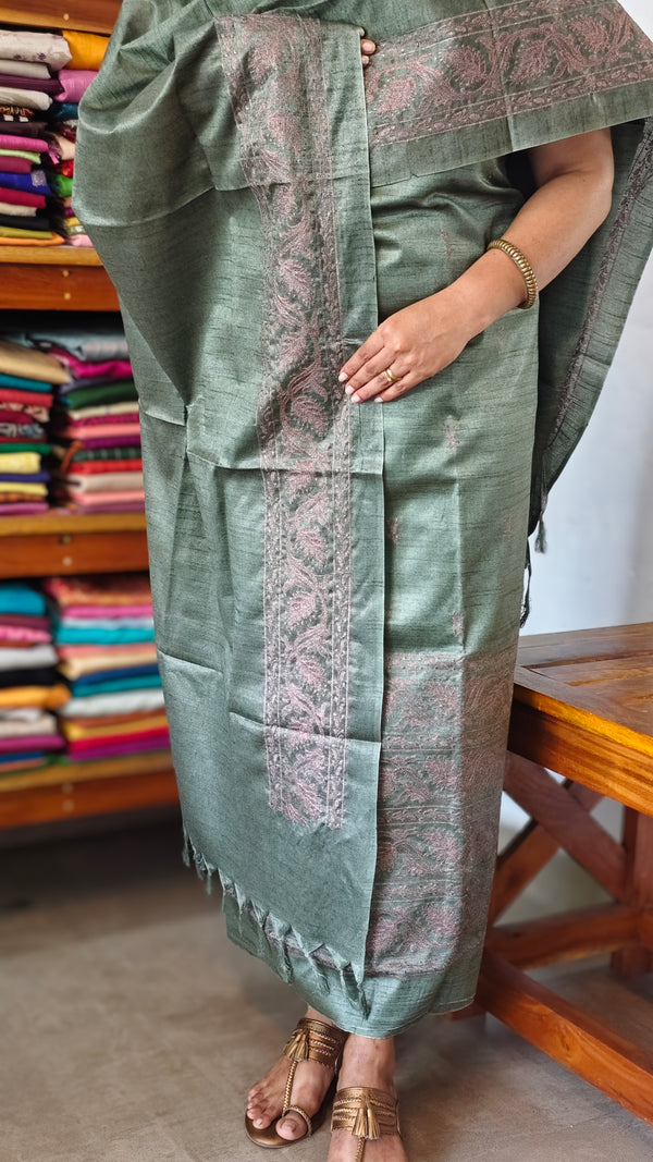 Fern Green Semi Tussar Suit with Copper Thread Embroidery - TTV4