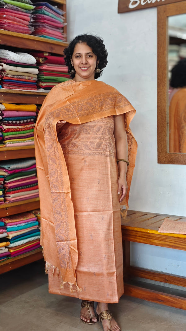 Antique Peach Semi Tussar Suit with Copper Thread Embroidery - TTV4