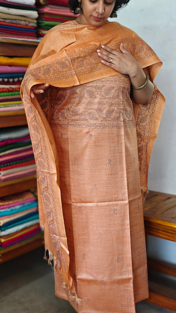 Antique Peach Semi Tussar Suit with Copper Thread Embroidery - TTV4