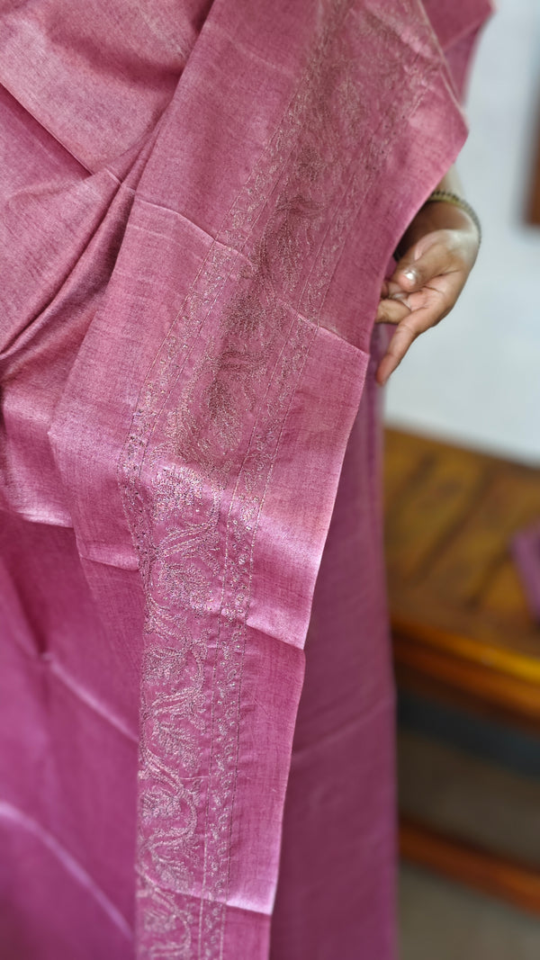 Onion Pink Semi Tussar Suit with Copper Thread Embroidery - TTV4