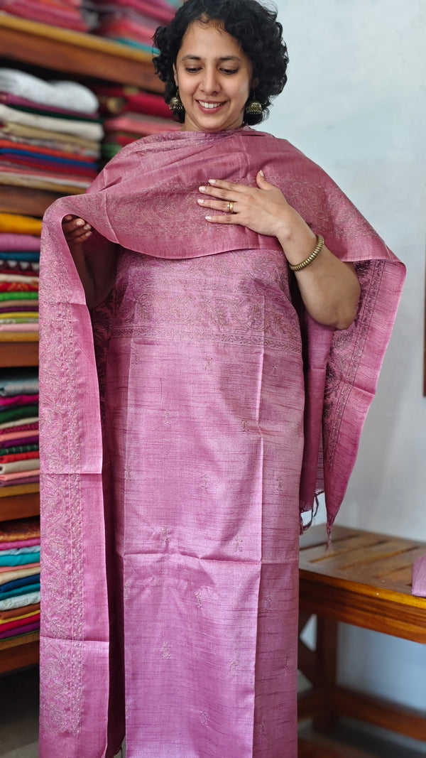 Onion Pink Semi Tussar Suit with Copper Thread Embroidery - TTV4