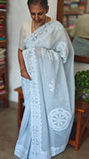 Powder Blue Organdy Saree with Cotton Applique - 7188