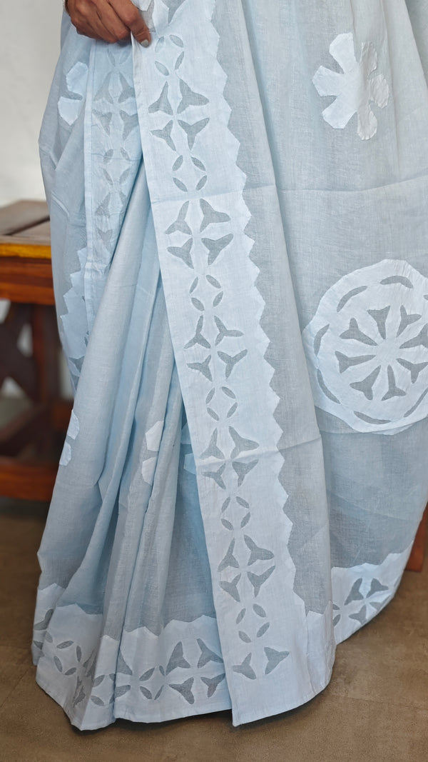 Powder Blue Organdy Saree with Cotton Applique - 7188