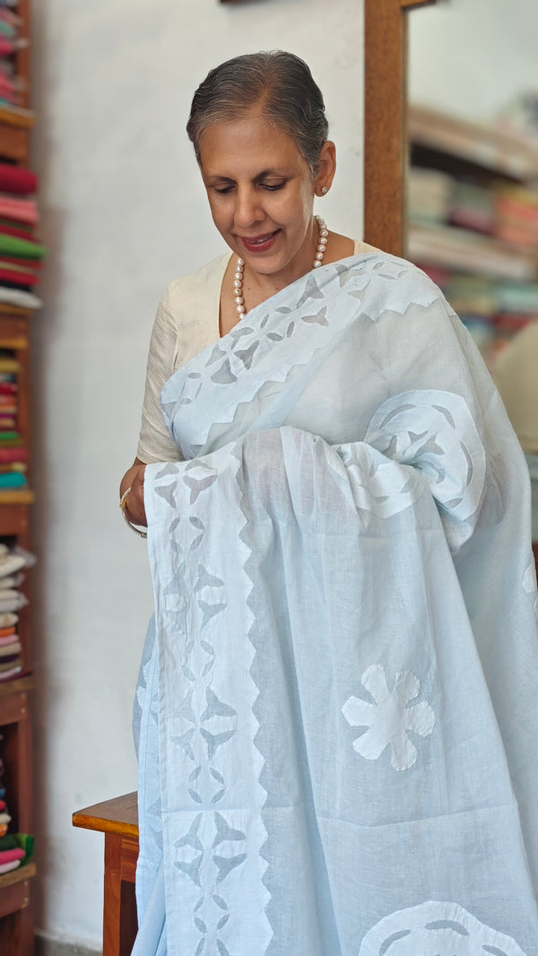 Powder Blue Organdy Saree with Cotton Applique - 7188
