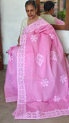Rose Pink Organdy Saree with Cotton Applique - 7188