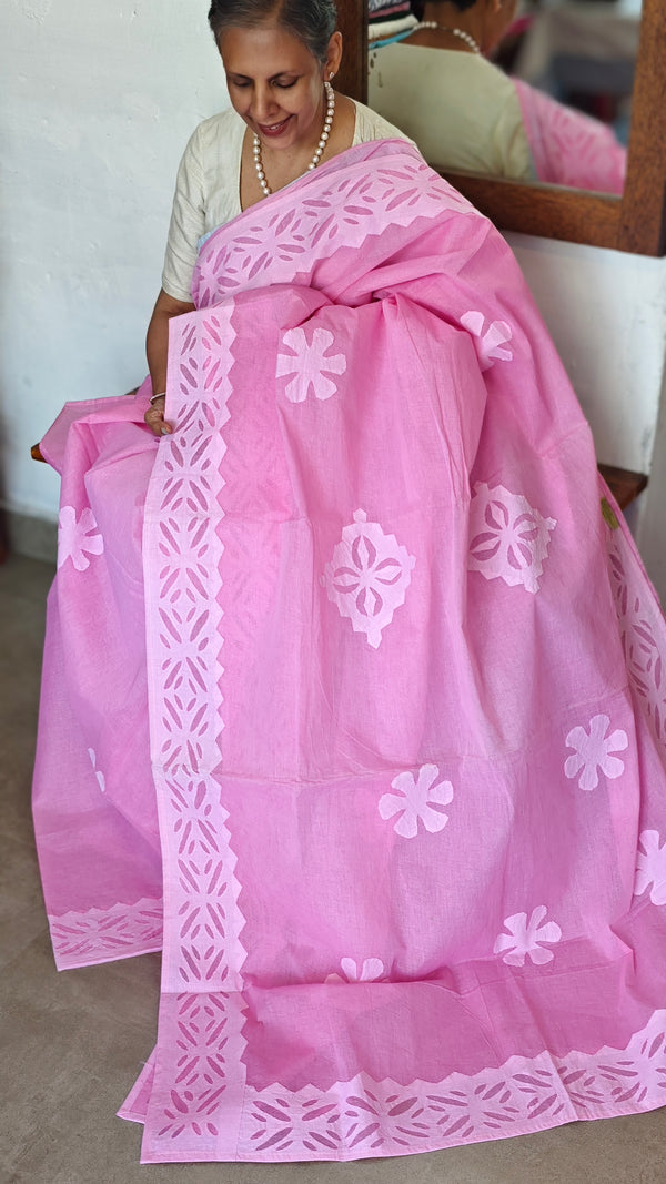 Rose Pink Organdy Saree with Cotton Applique - 7188