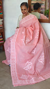 Peach Organdy Saree with Cotton Applique - 7188