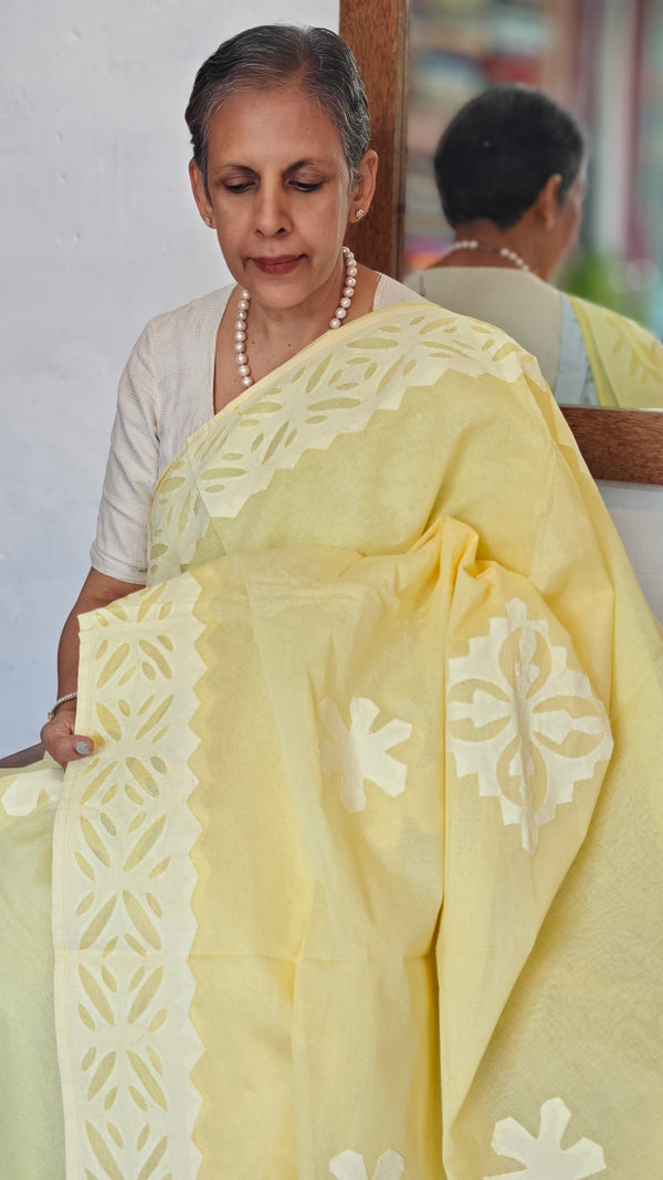 Canary Yellow Organdy Saree with Cotton Applique - 7188