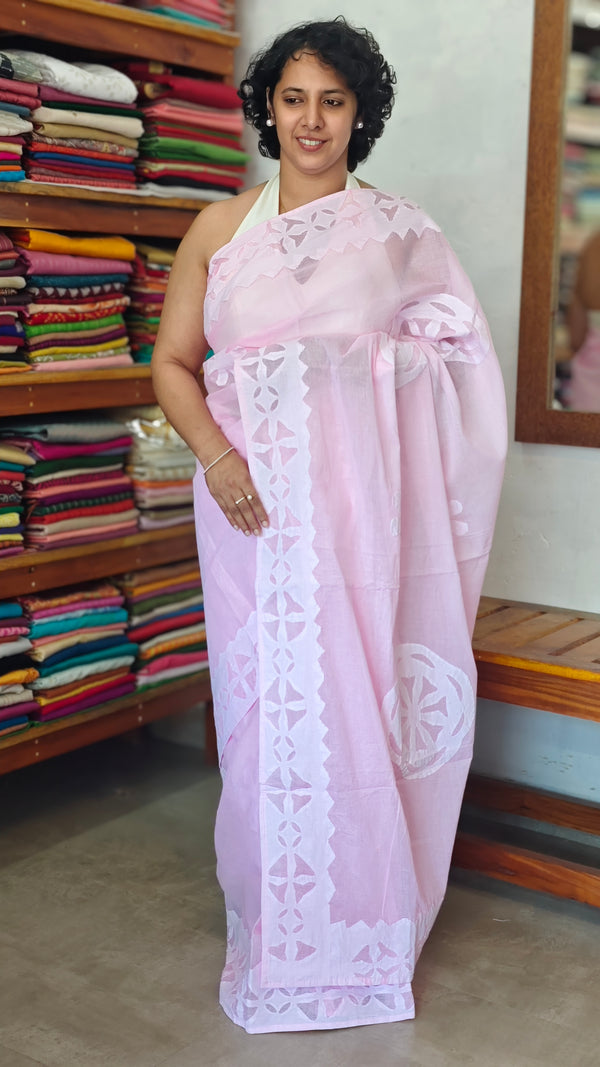 Baby Pink Organdy Saree with Cotton Applique - 7188