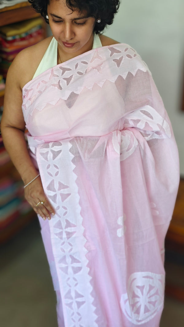 Baby Pink Organdy Saree with Cotton Applique - 7188