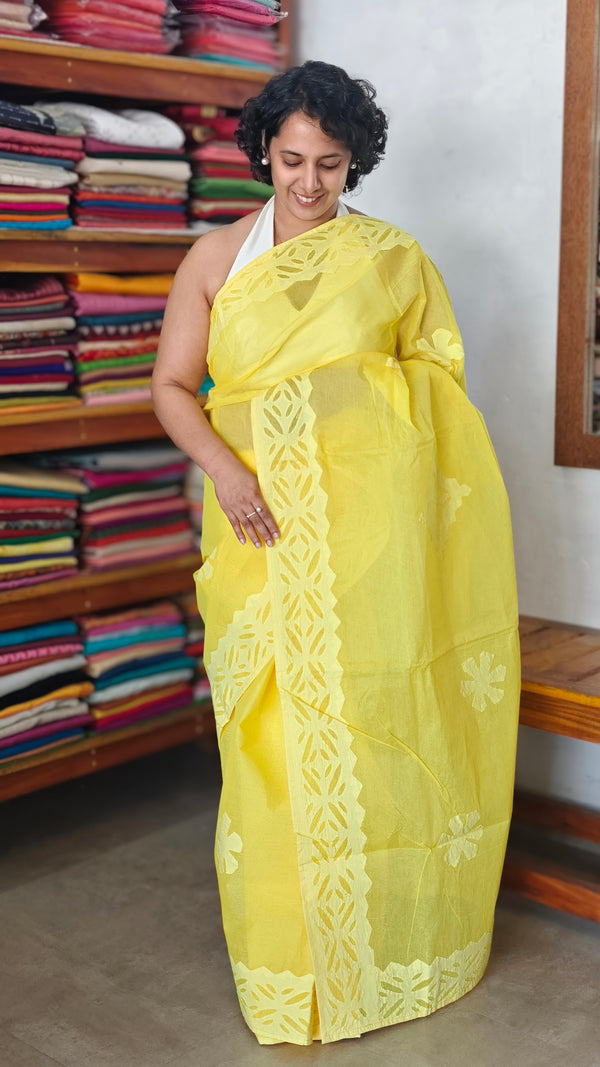 Yellow Organdy Saree with Cotton Applique - 7188