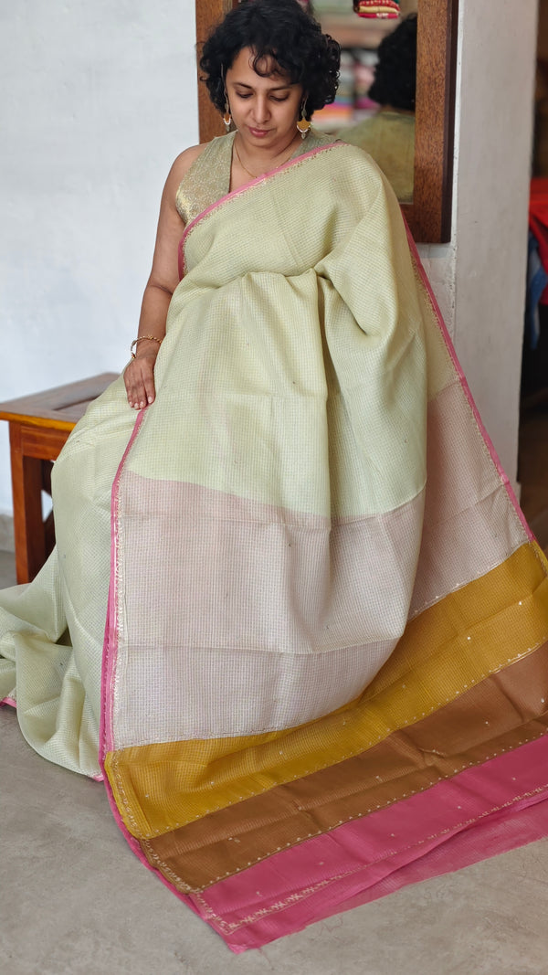 Pale Lime Green Kota Saree with Hand Pita Work - KX45