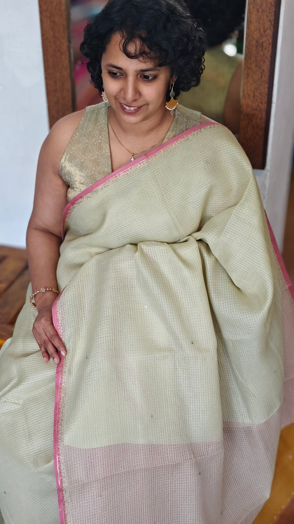 Pale Lime Green Kota Saree with Hand Pita Work - KX45