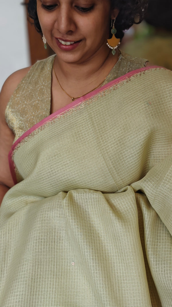 Pale Lime Green Kota Saree with Hand Pita Work - KX45