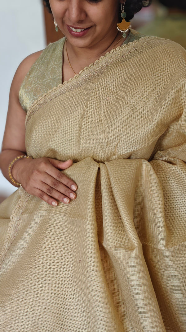 Beige Kota Saree with Hand Pita Work - KX45