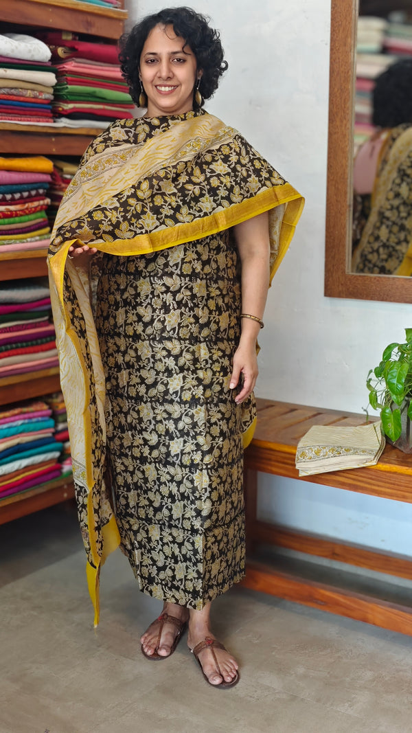 Black Beige and Mustard Block Printed Maheshwari Silk Suit - SL291