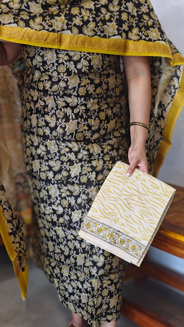 Black Beige and Mustard Block Printed Maheshwari Silk Suit - SL291