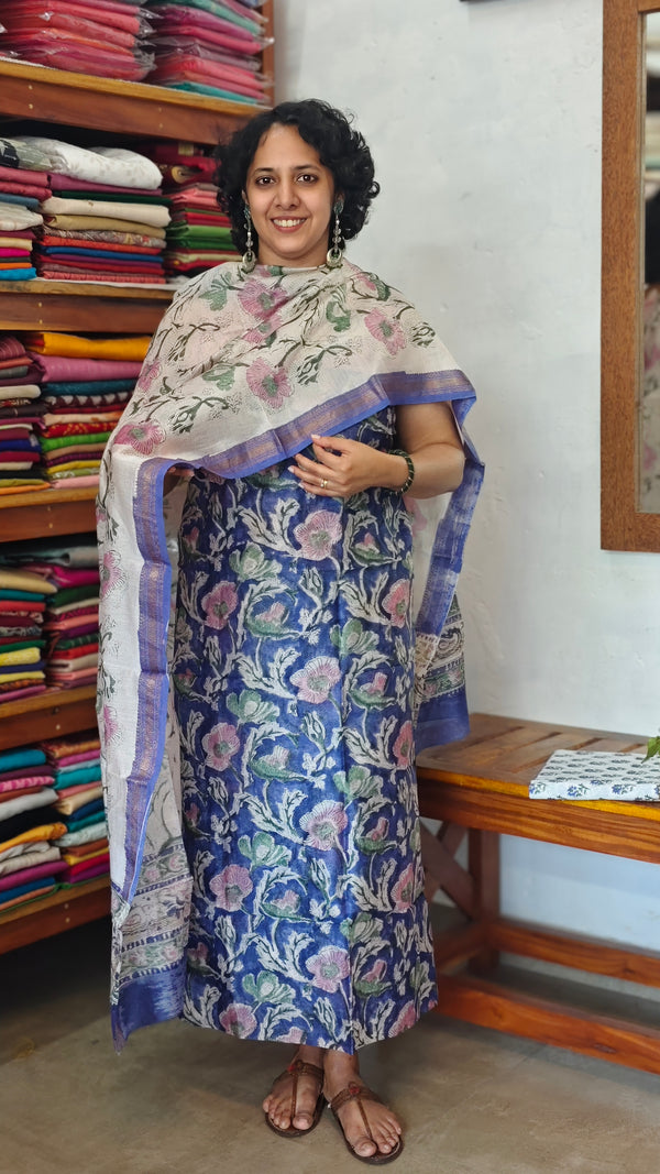 Purple Floral Block Printed Maheshwari Silk Suit - SL291