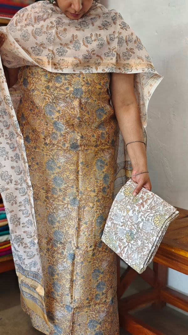 Pale Yellow Floral Block Printed Maheshwari Silk Suit - SL291
