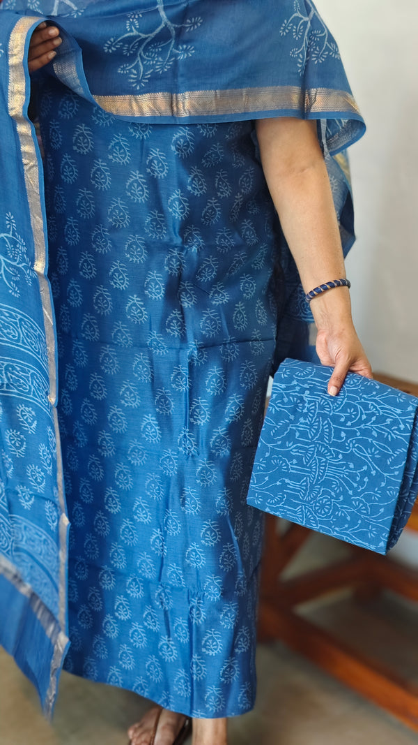 Blue Block Printed Maheshwari Silk Suit - SL291