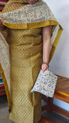 Mustard Green Block Printed Maheshwari Silk Suit - SL291