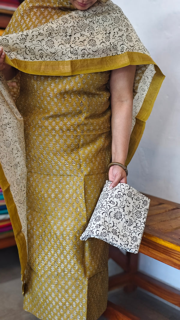 Mustard Green Block Printed Maheshwari Silk Suit - SL291