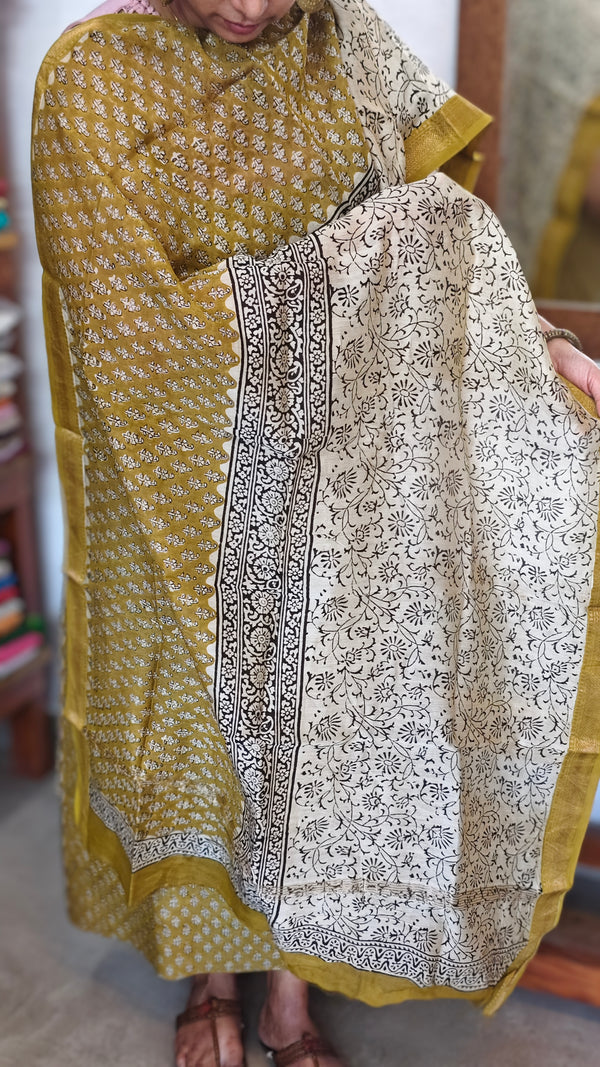 Mustard Green Block Printed Maheshwari Silk Suit - SL291