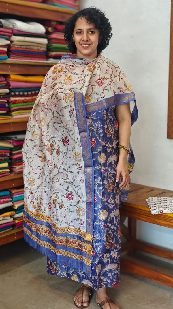 Indigo Floral Block Printed Maheshwari Silk Suit - SL291