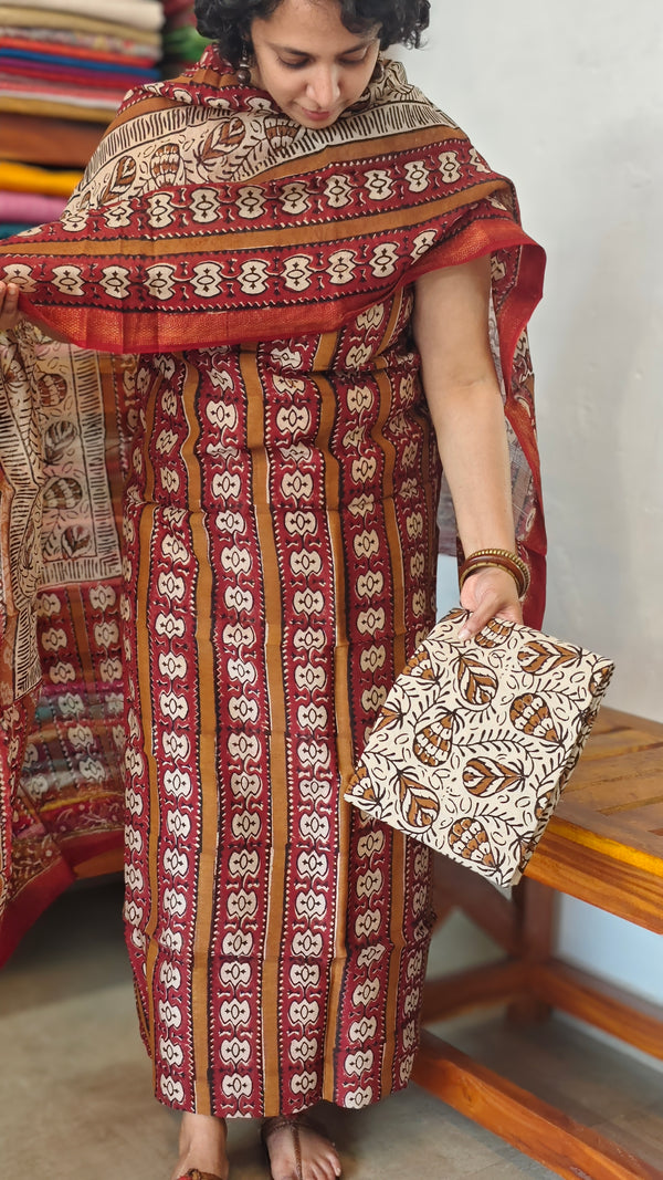 Maroon Block Printed Maheshwari Silk Suit - SL291