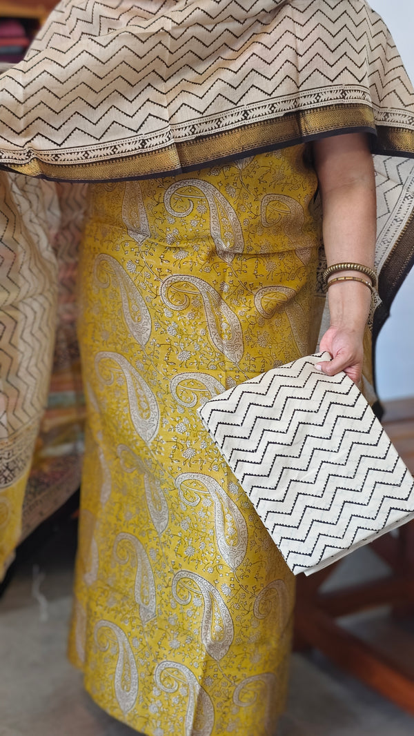 Mustard Block Printed Maheshwari Silk Suit - SL291
