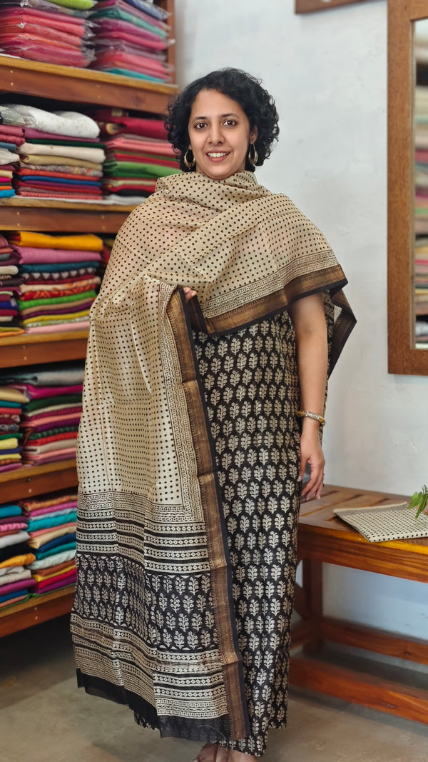 Black and Beige Block Printed Maheshwari Silk Suit - SL291