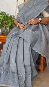 Light Grey Super Net Kota Saree with Crochet Work - 9818