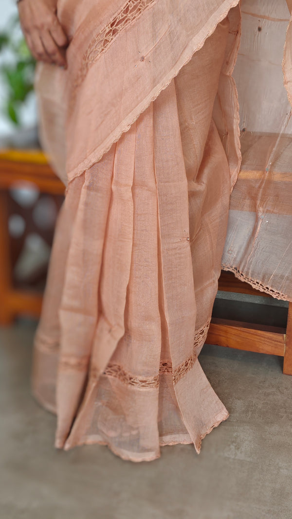 Nude Peach Super Net Kota Saree with Crochet Work - 9818