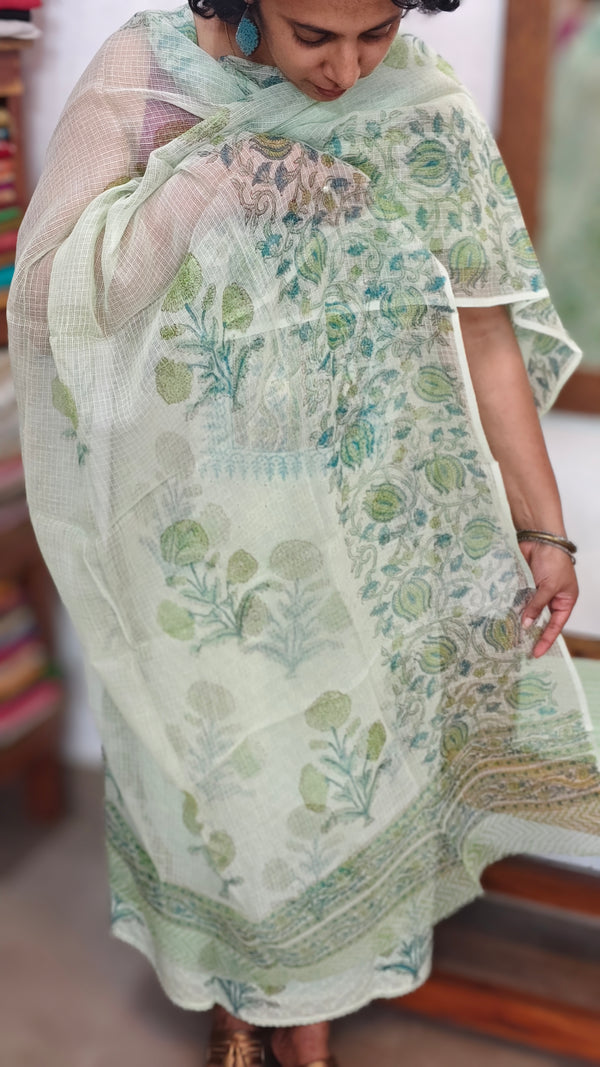 Pista Green Cotton Hakoba Suit with Kota Doria Dupatta