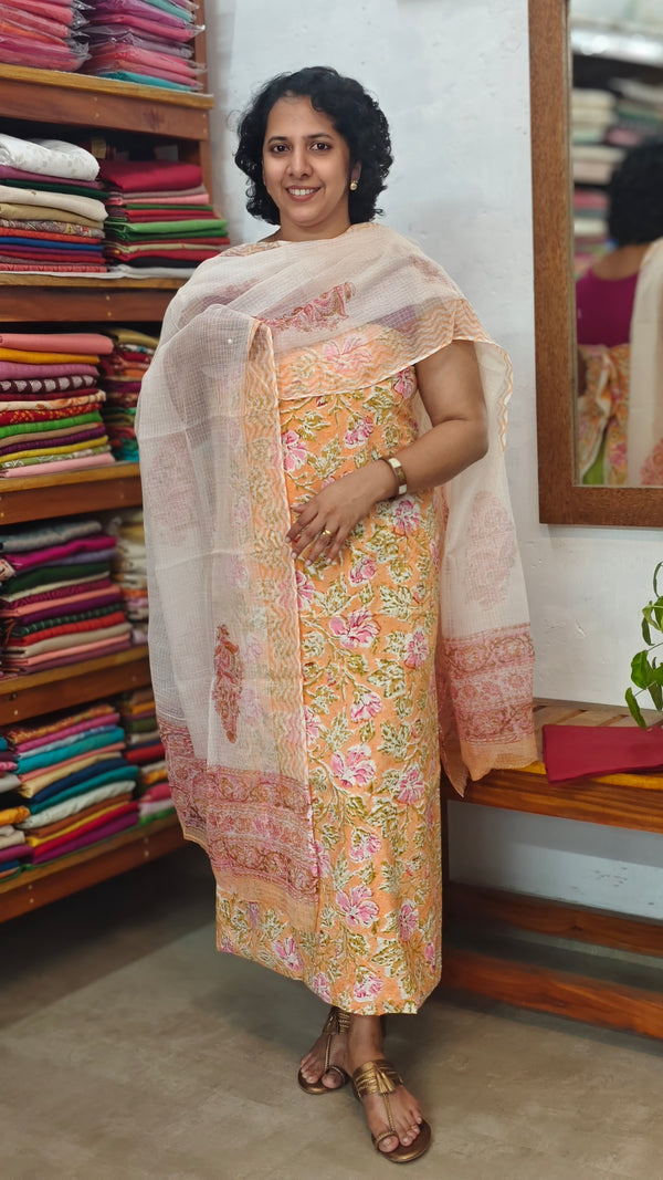 Orange Floral Printed Cotton Hakoba Suit with Kota Doria Dupatta