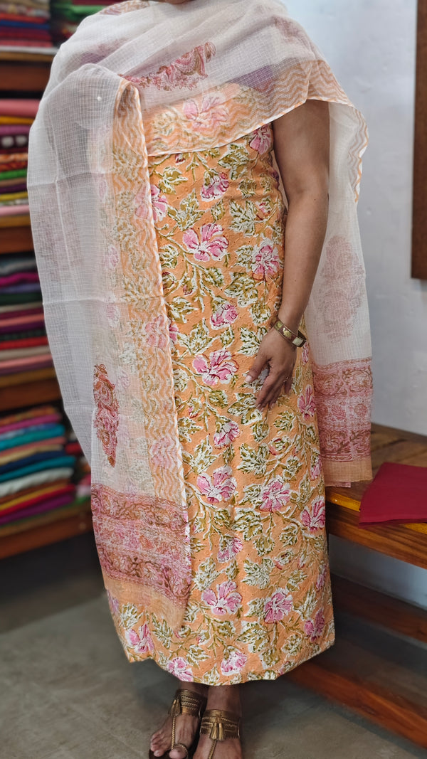 Orange Floral Printed Cotton Hakoba Suit with Kota Doria Dupatta