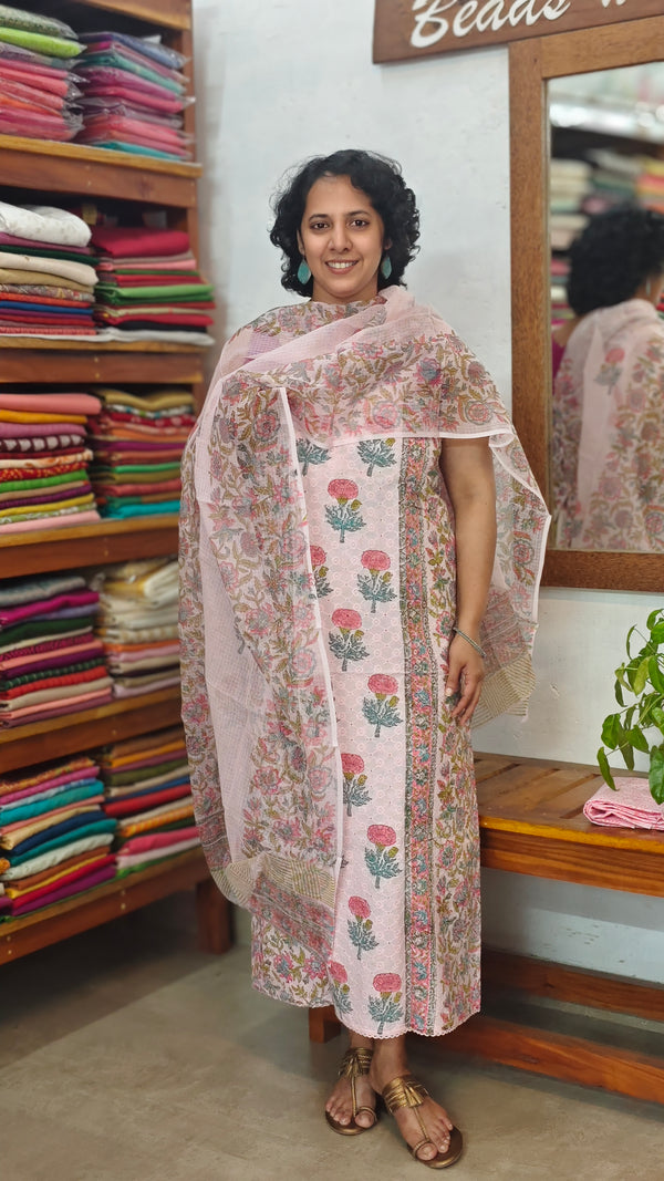 Baby Pink Block Printed Cotton Hakoba Suit with Kota Doria Dupatta