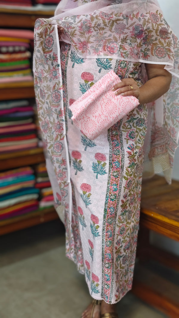 Baby Pink Block Printed Cotton Hakoba Suit with Kota Doria Dupatta