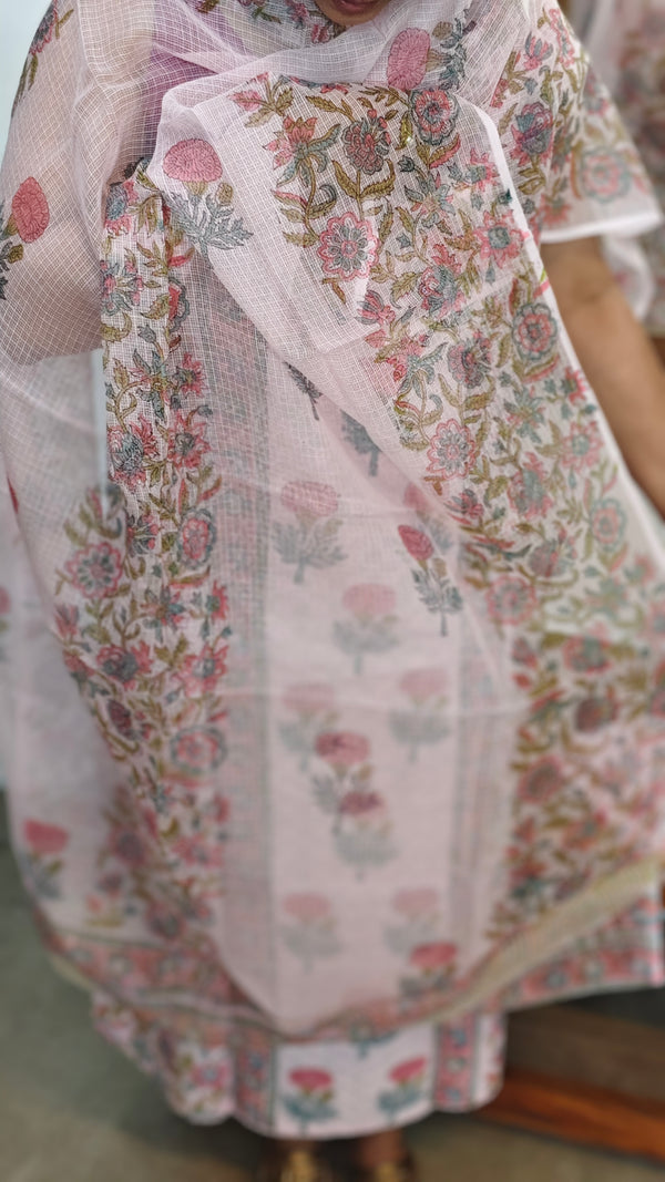 Baby Pink Block Printed Cotton Hakoba Suit with Kota Doria Dupatta