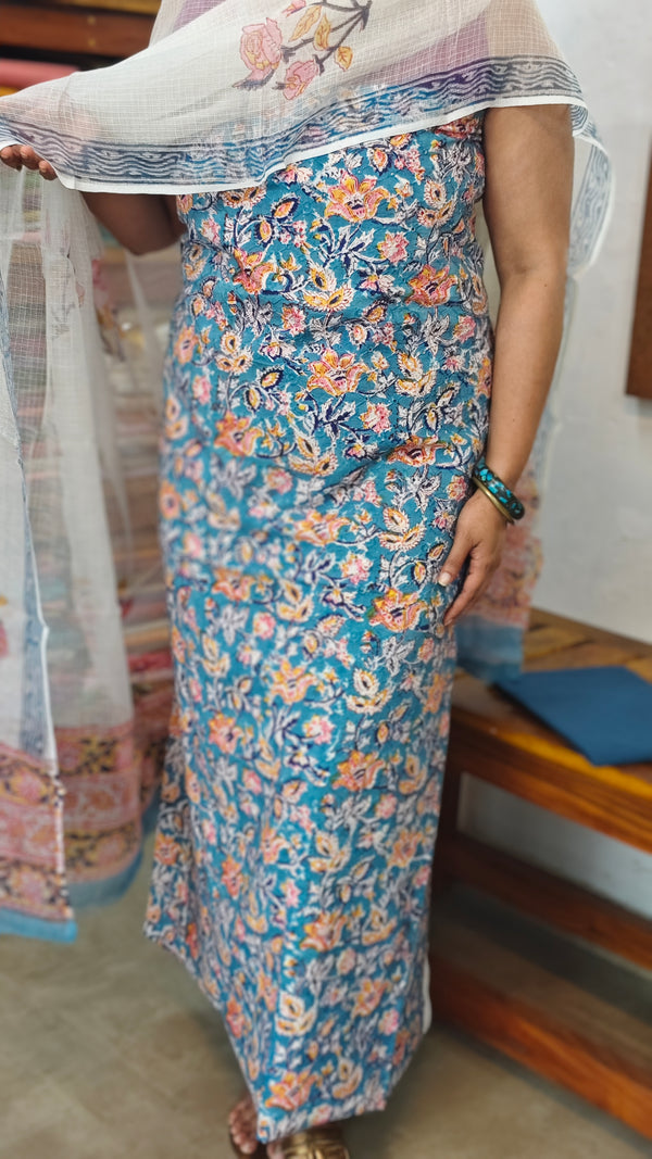 Blue and White Block Printed Cotton Hakoba Suit with Kota Doria Dupatta