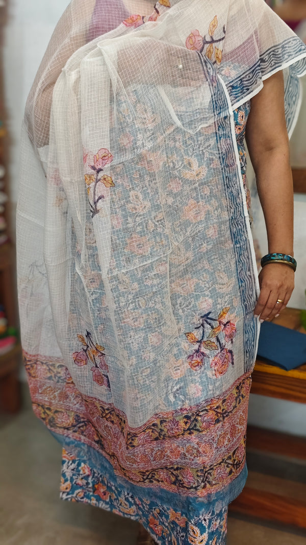 Blue and White Block Printed Cotton Hakoba Suit with Kota Doria Dupatta